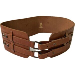 H&M Brown Wide Leather Corset Belt Double Buckle Waist Cincher Vintage Style M